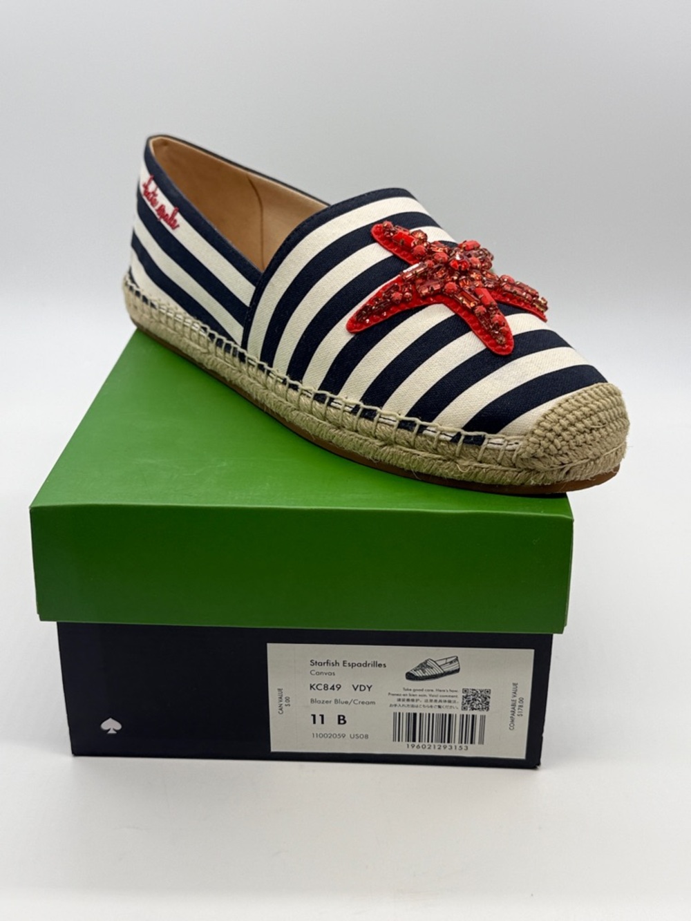 kate spade Navy & Cream Striped Espadrille with Red Beaded Starfish